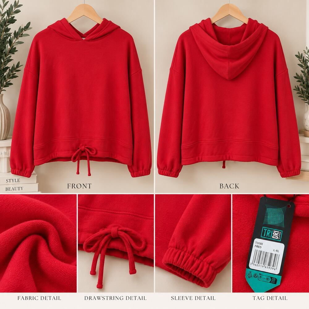 TriDri Red Cropped Hoodie Women’s L/XL Drawstring Hem Athleisure Sweatshirt NWT